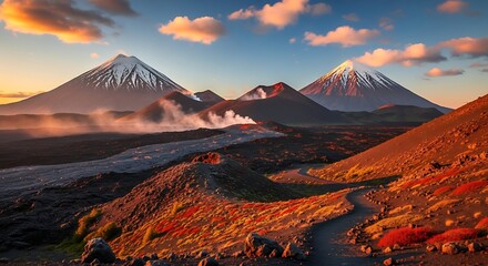 A scenic vista showcasing volcanic mountains with snow-capped peaks, a winding path, and a colorful, smoky landscape