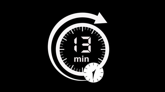 13 min clock icon animation. arrow Clock 13-minute icon Digital and analog clock 13 minutes isolated on white background. 15 minute timer symbol, isolated on transparent background with alpha channel.