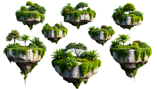 Lush green rocky islands isolated on a transparent background