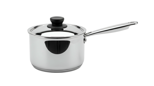Shiny stainless steel saucepan with a lid and handle, isolated on black background