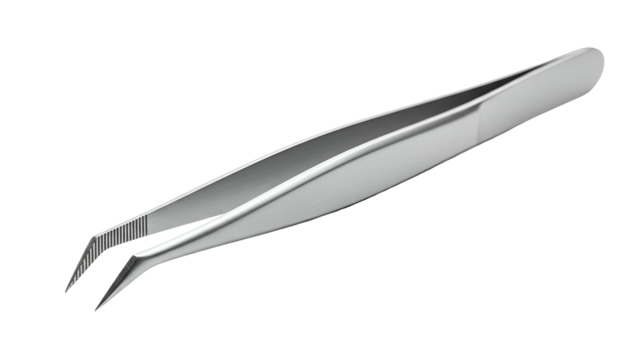 Silver, angled tweezers, isolated on black, shows a grooming tool in close-up
