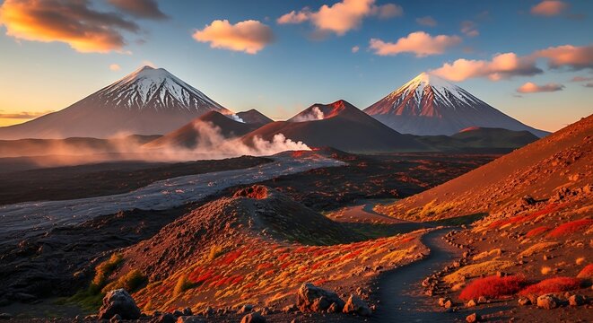 A scenic vista showcasing volcanic mountains with snow-capped peaks, a winding path, and a colorful, smoky landscape