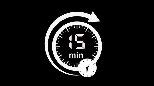 15 min clock icon animation. arrow Clock 15-minute icon Digital and analog clock 15 minutes isolated on white background. 15 minute timer symbol, isolated on transparent background with alpha channel.