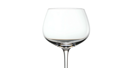 A clear, empty stemmed glass, poised against a black background, with light reflecting
