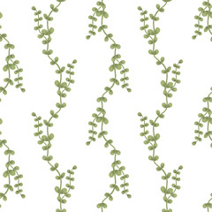 Fototapeta premium Seamless pattern: green branches, leaves, twigs, grass in pastel colors. Hand-drawn watercolor illustration in a flat, naive style. Element for design: textile, packaging