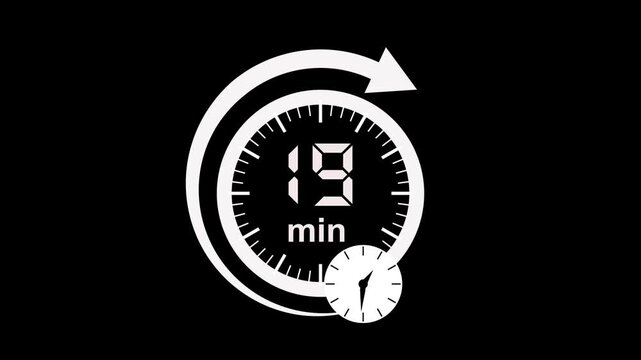 19min clock icon animation. arrow Clock 19-minute icon Digital and analog clock 19minutes isolated on white background. 19minute timer symbol, isolated on transparent background with alpha channel.
