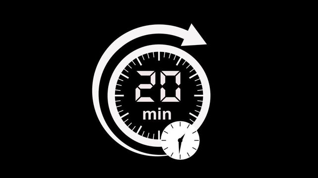 20min clock icon animation. arrow Clock 20-minute icon Digital and analog clock 20minutes isolated on white background. 20 minute timer symbol, isolated on transparent background with alpha channel.