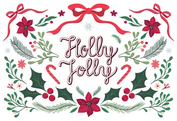Holly Jolly Christmas botanical illustration with festive flowers and plants, Holly Leaves, Berries, Pine Branches, Ribbons and Candy Canes in a Decorative Holiday Design