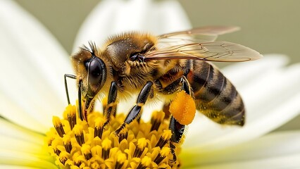 Honeybee Collecting Pollen on a White and Yellow Flower