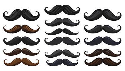 A collection of diverse mustache designs in various colors, showcasing different styles and shapes, perfect for facial hair inspiration