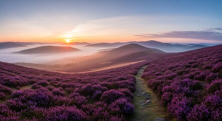 A scenic vista shows rolling hills adorned with vibrant purple flowers, a pathway, and morning fog below a glowing sunrise