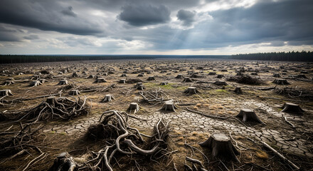 Dramatic sunrays over a desolate clear-cut forest landscape, a stark vision of deforestation and environmental destruction