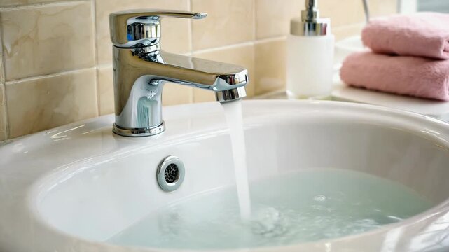 Water running from a chrome faucet fills a white ceramic sink in a bathroom setting. A timelapse sequence showing the basin filling up to illustrate consumption, waste, and conservation