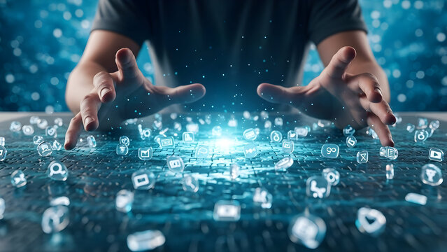 Hands Reaching Towards Digital Icons Representing Modern Technology Innovation