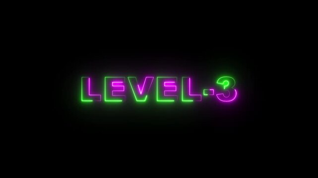 Level -3 neon bright text font colorful motion animation. Ideal for futuristic game intros animation. Neon level 3 up sing on black background.
