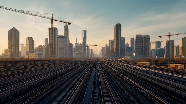 Wide urban skyline with parallel railway tracks leading toward modern skyscrapers and construction cranes under warm evening city light