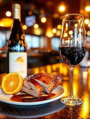 Gourmet duck dish with red wine upscale restaurant food photography cozy atmosphere close-up shot culinary delight