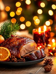 Festive roasted ham delight cozy holiday gathering food photography warm atmosphere close-up culinary indulgence