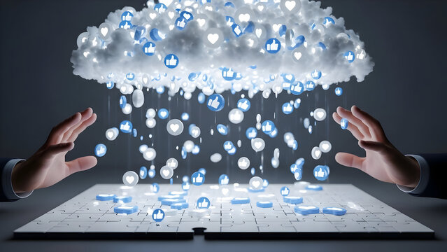 Social Media Cloud Concept Showering Likes and Hearts on a Puzzle