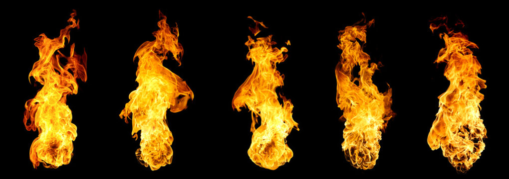 Collection of isolated burning flames on black background, featuring dynamic orange heat motion and realistic combustion shapes ideal for VFX, motion graphics, digital art, advertising, and creative
