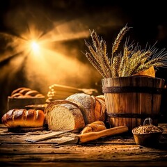 Baking fresh bread and harvesting wheat rustic bakery food photography warm lighting close-up culinary artistry