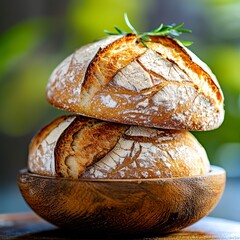 Freshly baked bread loaves in rustic bowl kitchen setting culinary art close-up inviting atmosphere