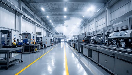 Obraz premium Bright, industrial facility with clean floors, organized machinery, and overhead piping