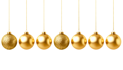 Christmas balls hanging with a string, Christmas shiny baubles ornaments on transparent background, cutout