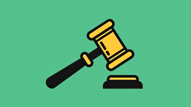 A yellow gavel and block on a teal background, symbolizing justice, law, and auctions