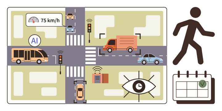 Intelligent traffic system featuring AI, vehicles, traffic signals, pedestrian, surveillance camera, and schedule. Ideal for technology, urban planning, safety innovation automation mobility