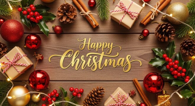 Happy christmas text with festive decorations on rustic wooden background