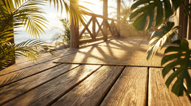 A wooden deck adorned with lush tropical plants and warm sunlight, perfect for a relaxation-themed background or vacation brochure.