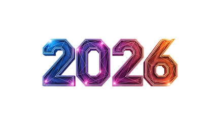 Digitized "2026" text, polygonal, gradient colors, isolated on black background