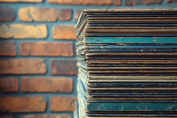 A tall stack of vintage vinyl records or old books with worn, distressed covers against a blurry, rustic brick wall, evoking nostalgia.