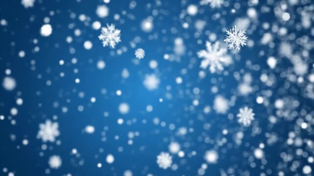 A magical winter Christmas background with beautiful falling snowflake particles and soft blue bokeh lights, perfect as a festive overlay