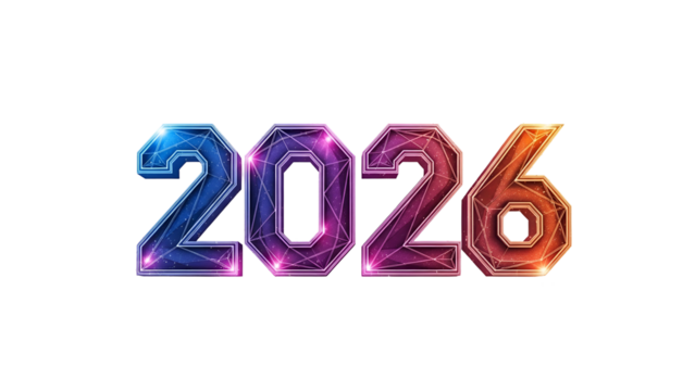 Digitized "2026" text, polygonal, gradient colors, isolated on black background - Powered by Adobe
