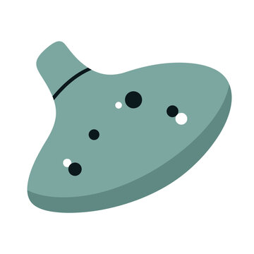 Teal ocarina musical instrument with finger holes and mouthpiece shown in a graphic.