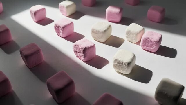 Abstract composition of pink and white cube marshmallows with dramatic moving light. Minimalist food pattern with long shadows creating a time lapse effect for a modern background