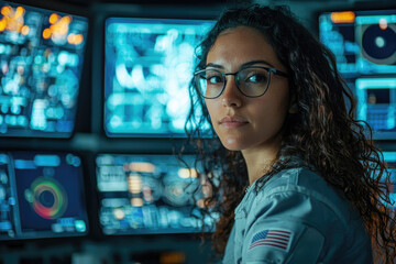 A focused female scientist in glasses, wearing a uniform with an American flag, works among glowing data screens in a futuristic mission control.