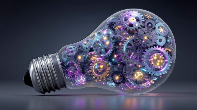 Glowing mechanical gears inside a clear glass light bulb resting on a reflective surface