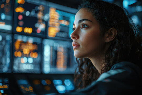 A focused woman monitors complex data on glowing screens in a dark, high-tech environment, deeply engrossed in her work.