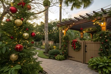 Tropical christmas decorations adorn a lush garden pathway with string lights