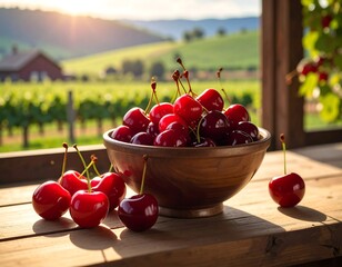 Cherries overflow a wooden bowl atop a wood table, farm & green hills blurred in the background