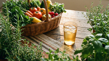 A basket filled with fresh vegetables and a glass of iced drink on a rustic wooden table, perfect for summer food photography or lifestyle blogs.