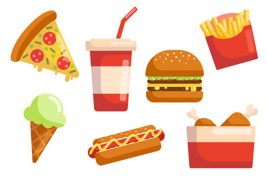 Colorful fast food set with pizza, burger, hotdog, fries, soda, ice cream and chicken, perfect for menus, packaging, cafe branding, stickers, kids projects, web design and playful food illustrations
