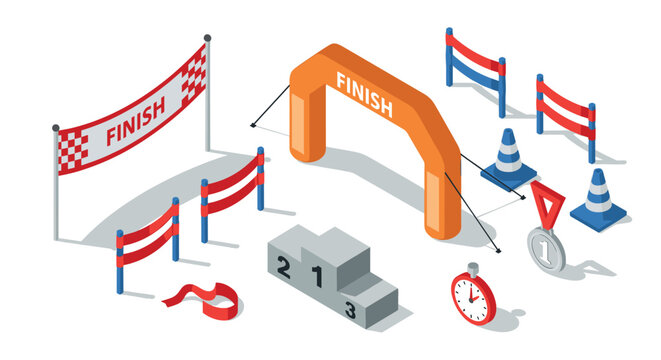 Isometric race finish line elements with podium and flags