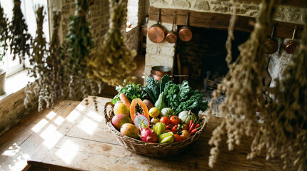 A vibrant assortment of fresh fruits and vegetables in a woven basket on a wooden table, perfect for culinary inspiration or home cooking decor.