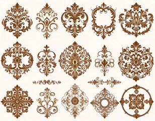 A collection of brown ornate floral and scroll design elements in various shapes