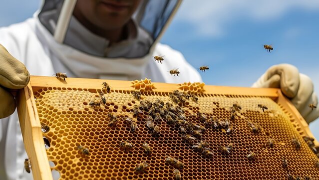 Beekeeper Inspecting Honeycomb Frame with Honey Bees - Powered by Adobe