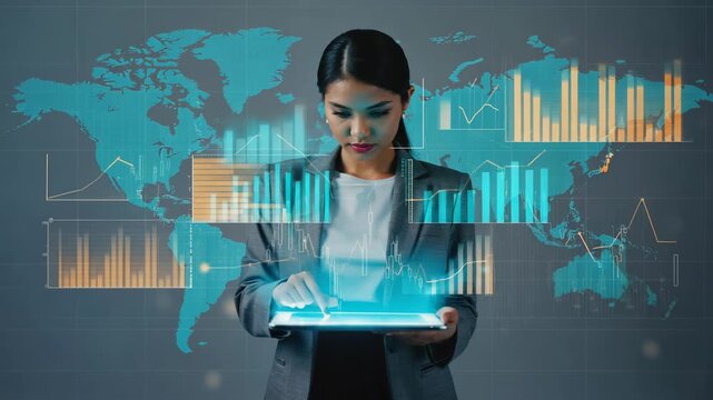 Young asian businesswoman analyzing global financial data on a futuristic tablet. Interacting with a holographic interface showing stock market charts and world map - Powered by Adobe